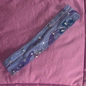 Navy Blue Distressed Canvas Boho Headband w Silver Stitching, Sequins, & Embroid